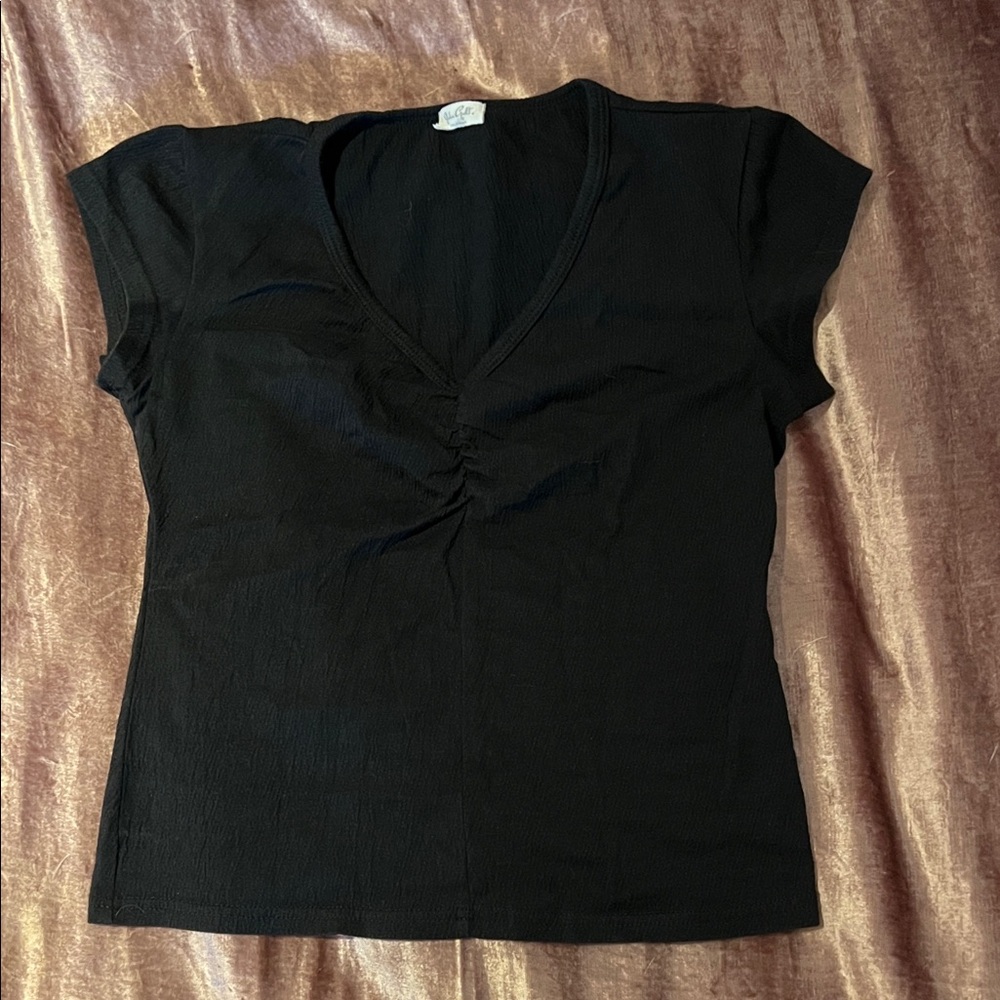 Brandy Melville Black Ruched V-Neck Tee